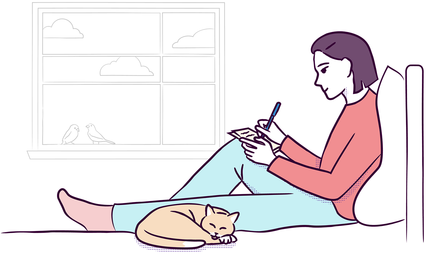 Illustration of a woman in bed with a cat 