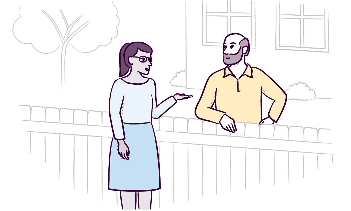 illustration of two neighbours talking over a fence