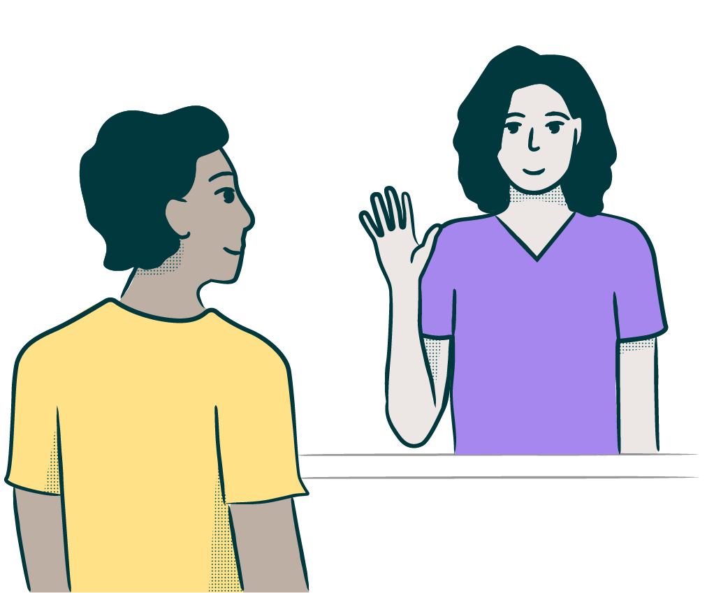 Woman waving at person visiting a centre